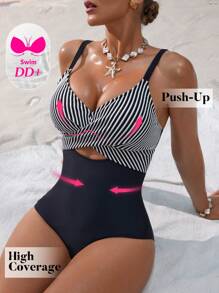 Swim DD+ Plus Size Women's Summer Holiday Beach Striped Hollow-Out One-Piece Swimsuit - Black and White - View 4