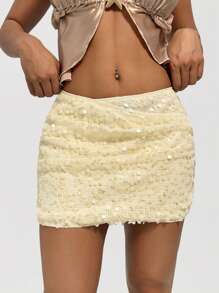 EgrlEra Women's Solid Color Splicing Sequin Embellished Elegant Short Skirt - Apricot - View 5