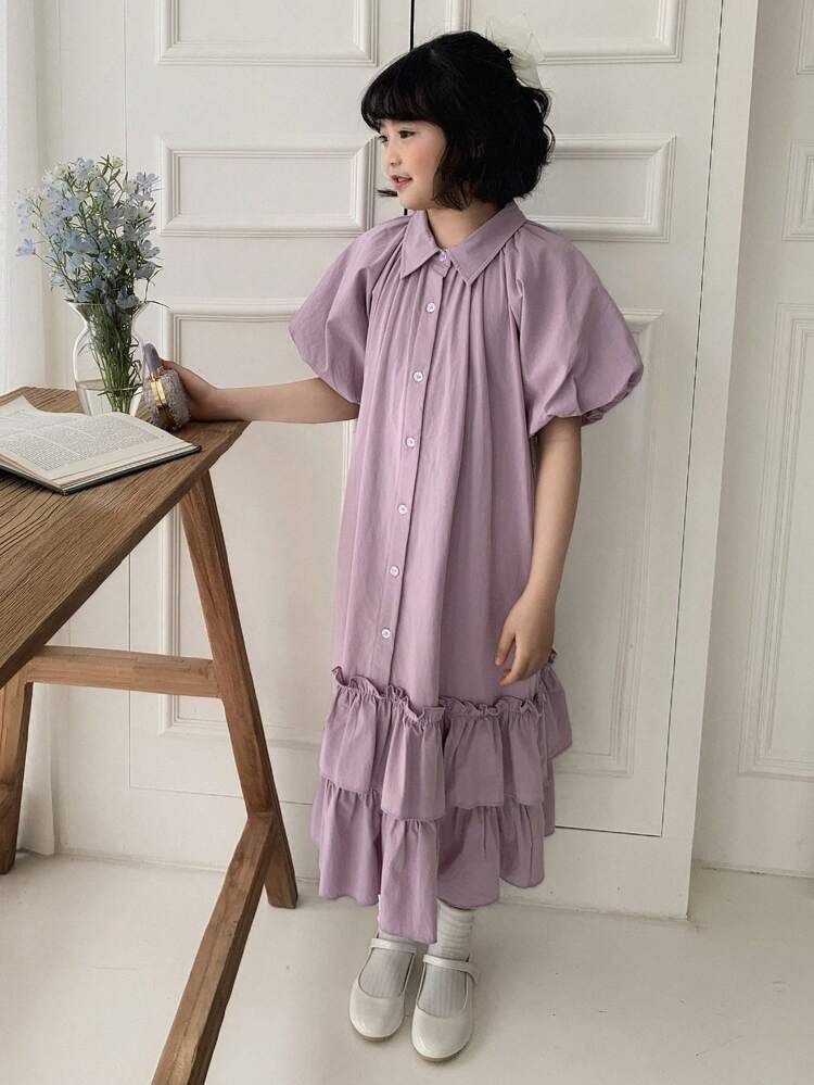 Tween Girls Fall Button Ruffle Hem Short Sleeve Dress,Back To School Clothes