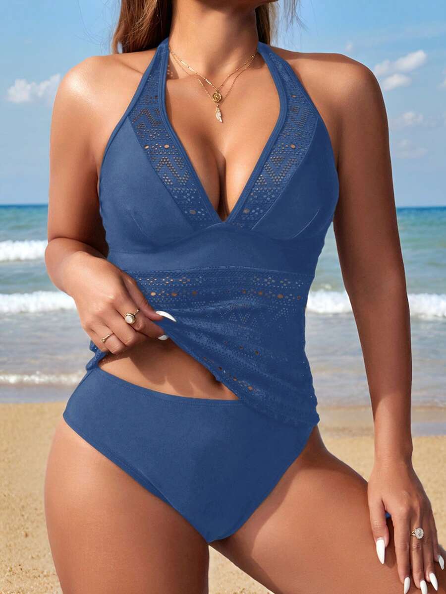 Swim Lushoire 女式纯色吊带比基尼上衣和泳裤,两件套比基尼套装 - 藏蓝色 - 查看 1