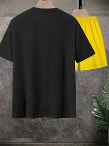 Manfinity Homme Men's Letter Print Round Neck Short Sleeve Casual T-Shirt And Drawstring Waist Shorts Set - Multicolor - View 3