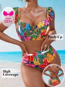 Swim DD+ DD+ 1/2 Cup Ruffled PUSHUP High-Waist Bikini Set, Romantic Style For Summer Beach Vacation - Multicolor - View 3