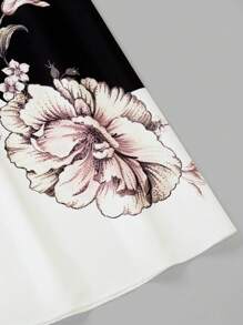 Modelyn Plus Size Elegant Floral Print Contrast Color Elastic Waist A-Line Skirt - Black and White - View 3