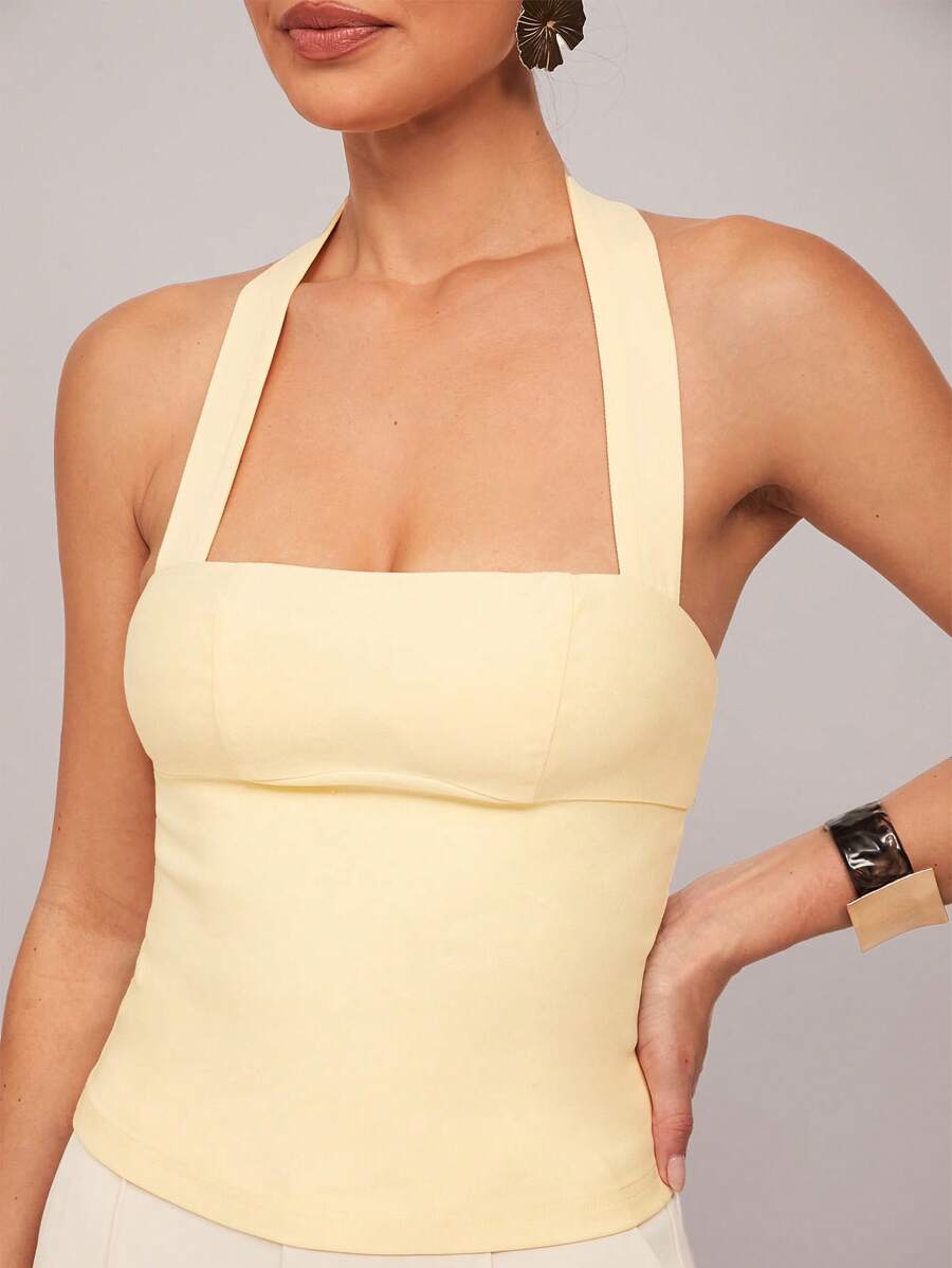 Silquee 1 Damen einfarbiges Rüschen-Crop-Top, modischer schlanker Träger-Neckholder-Büro-Pendler-Oberteil, buttergelb