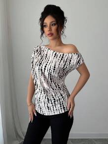 Elenzga Top asimmetrico con maniche a pipistrello, spalle inclinate, con stampa all-over, adatto per appuntamenti, lavoro, vacanze, festività, abbigliamento casual, stile boho per l'estate