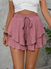 SHEIN LUNE Quần short ống rộng màu trơn buộc eo viền bèo nhún cho nữ - Gỗ đỏ - Xem 3