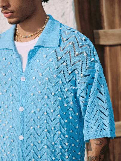 Street Life Chemise tricotée ample avec perles pour hommes, Top court manches courtes en maille