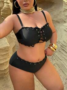 Swim SXY Plus Size Solid Color Crossed Strap Swimsuit Set, Vacation Beach - Black - View 5