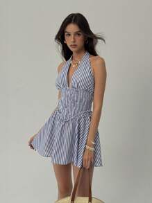 Aloruh 女式性感条纹露背挂脖迷你连衣裙，夏季 - 藍色 - 查看 5