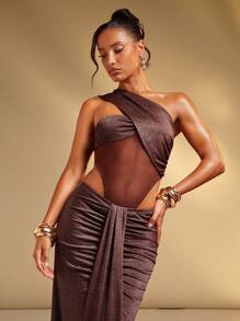 Hauture Women's Summer Mesh Patchwork Pleated One Shoulder Bodysuit - Brown - View 4