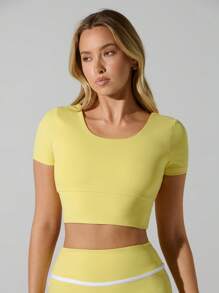 SHEIN LUNE Simple Solid Color Fitted Cropped Yoga Sports T-Shirt - Yellow - View 4