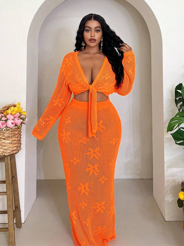 Slaydiva Plus Size Women Holiday Beach Solid Color Hollow Out Knit Top And Skirt Set Winter Fall Autumn