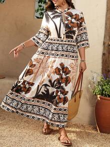 SHEIN Holidaya Plus Size Women V-Neck Lace-Up Contrast Design Holiday Dress - Black - View 5