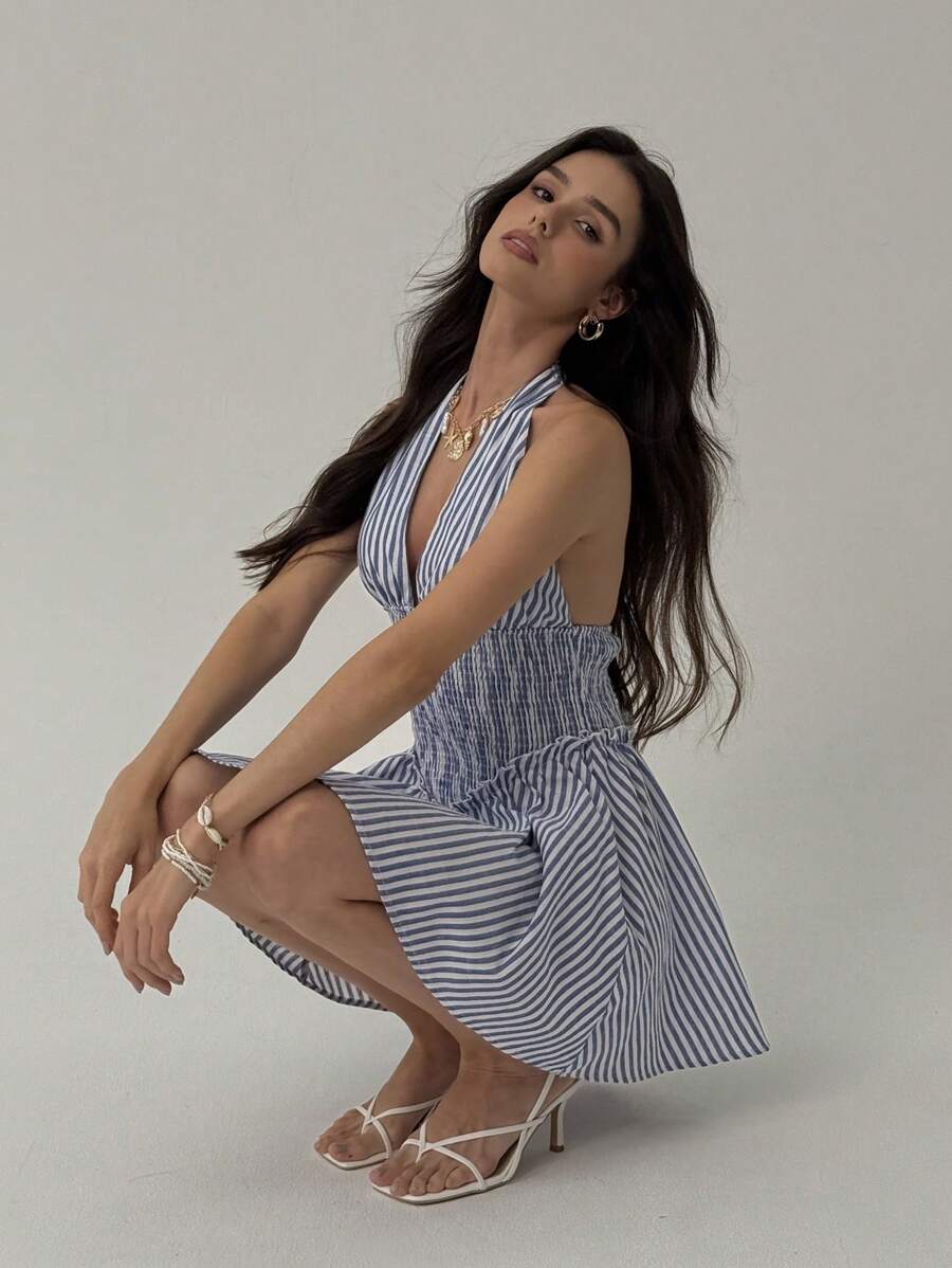 Aloruh 女式性感条纹露背挂脖迷你连衣裙，夏季 - 藍色 - 查看 1