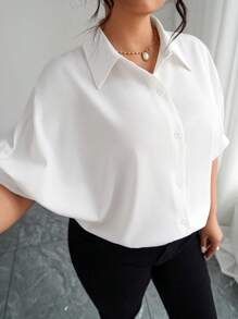 Elenzga Áo cánh dơi tay ngắn màu trơn rộng rãi cỡ lớn cho nữ, ve áo thường ngày, nhăn, thanh lịch, đa năng, thích hợp cho mùa hè - trắng - Xem 3