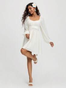 SHEIN MOD Abito corto estivo da donna in chiffon color albicocca con fiocco e maniche a lanterna