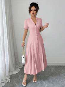 SHEIN Elenzya 女士优雅正式长裙，法式领，纽扣设计，收腰，箱形褶皱，短袖，适合通勤、商务、休闲装，春夏季 - 粉色 - 查看 3