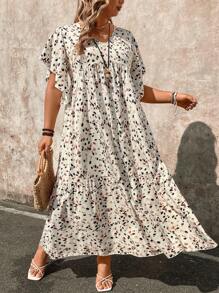 SHEIN CURVE+ Robe maxi ample avec manches à volants, col en V, patchwork pour femmes de grande taille, motif fleuri élégant