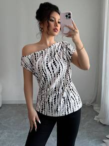 Elenzga Top asimmetrico con maniche a pipistrello, spalle inclinate, con stampa all-over, adatto per appuntamenti, lavoro, vacanze, festività, abbigliamento casual, stile boho per l'estate