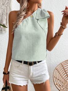 Calvaya Women's Asymmetric Neckline Sleeveless Striped & Printed Casual Shirt, Summer One Shoulder Top
