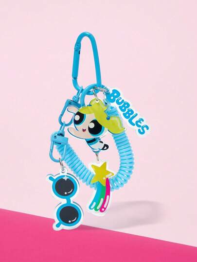 THE POWERPUFF GIRLS X SHEIN バブルパターンと青い電話コードのキーチェーン