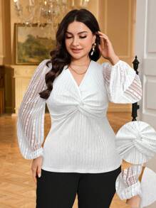 Modelyn Plus Size Women Summer Elegant Contrast Lace Front Twist Lantern Sleeve T-Shirt