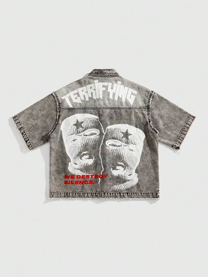 Street Life Chemise en jean à manches courtes pour homme, coupe ample, avec portrait et lettrage graphiques, décontractée, pour l'été