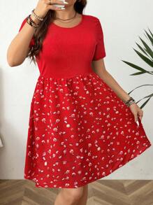 SHEIN LUNE Plus Size Solid Color Short Sleeve Dress, Fashionable For Summer - Red - View 3