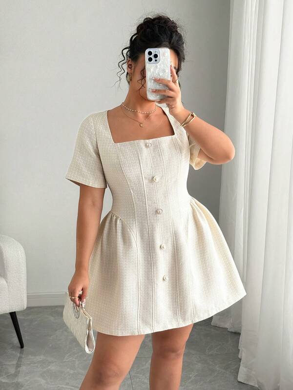Elenzga Plus Size Women Square Collar Short Sleeve Button Design Elegant Dress