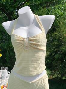 Comfortcana Women's Summer Vacation Butter Yellow Tight Halter Neck Suspender Metal Button Top And Shorts Set, Suitable For Vacation Wear - Yellow - View 4