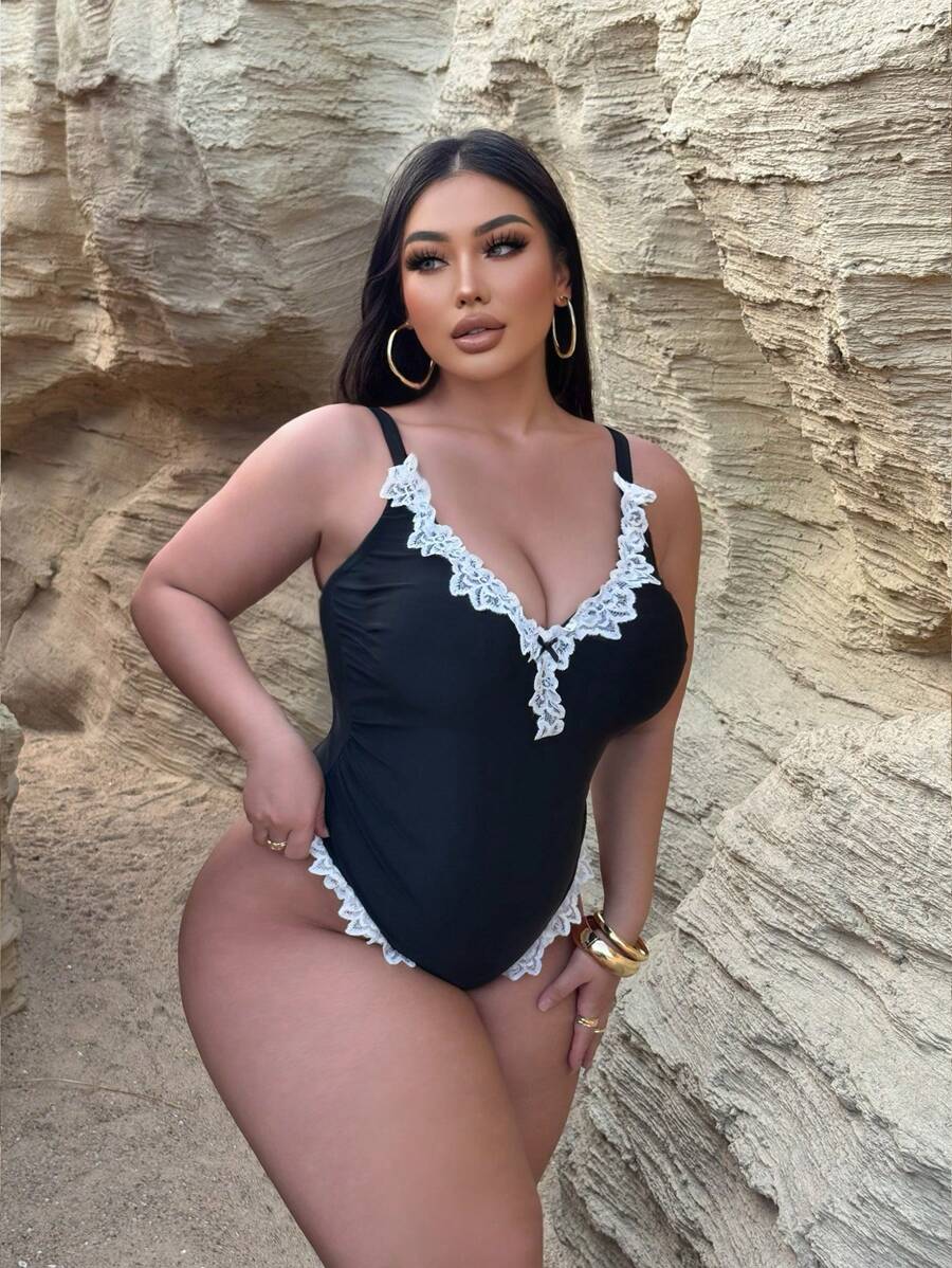 Swim SXY Conjunto de traje de baño de talla grande con adorno de contraste en los tirantes, adecuado para el verano - Negro - Ver 1