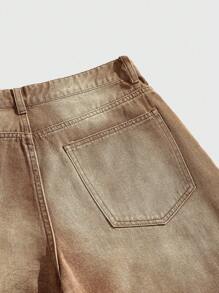 ROMWE MEN Street Life Summer Casual Graphic Men'S Loose Diamond Decorated Denim Shorts Jorts - Khaki - View 5