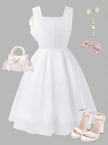 Tween Girl's Elegant Flower 3D Decor Sweet A-Line Dress - White - View 2