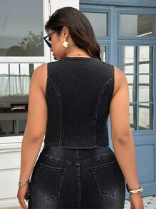 SHEIN ICON Fashionable Casual Embroidered Washed Stretchy Sleeveless Jacket - Black - View 2