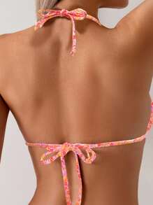 SHEIN Swim Women's Summer Beach Random Ditsy Floral Tie-Neck Sexy Bikini Swimsuit 2-Piece Set - Multicolor - View 3