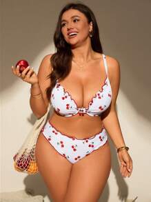 Swim Mod 2 件套加大码女式随机印花聚拢泳衣，性感细肩带分体泳衣 - 白色 - 查看 4