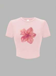 SHEIN GraphicGems Teen Girls Round Neck Short Sleeve Fashion T-Shirt, Suitable For Summer