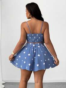 SHEIN Unity 大码女式心形印花吊带背心和系带腰摆中长裙两件套，优雅设计，适合海滩、派对、节日、春夏季 - 藍白色 - 查看 2
