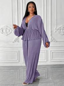 Maweii 2pcs Plus Size Solid Color Lantern Sleeve Top & Long Pants Set - Purple - View 5