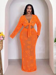 Slaydiva 大码女式度假海滩纯色镂空针织上衣和裙子套装