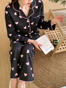 2 件装少女杏色蝴蝶印花长袖开衫和裤子，舒适休闲家居服套装 - 黑色 - 查看 9