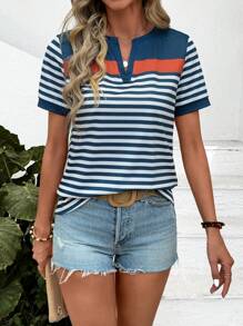 EMERY ROSE Maglietta casual da vacanza estiva con collo a intaglio, a blocchi di colore asimmetrico e righe