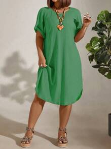 Linhara Plus Size Solid Color Short Sleeve Round Neck Dress, Fashionable For Summer