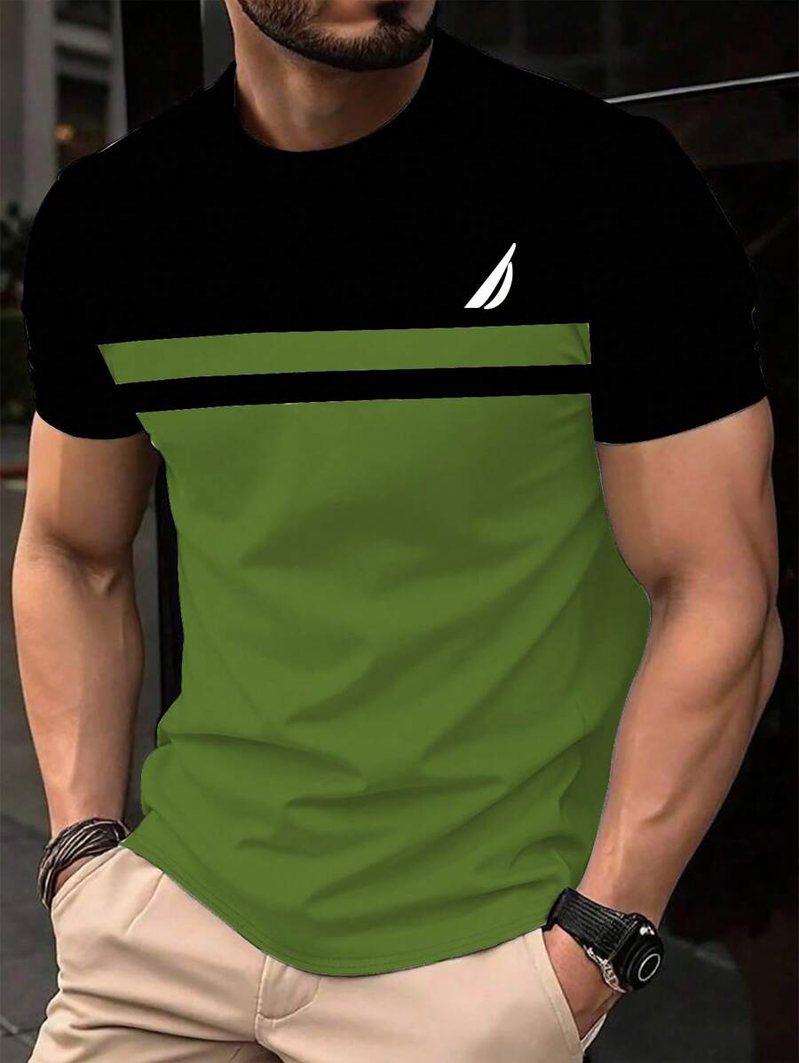 Manfinity Homme Men's Round Neck Short Sleeve T-Shirt, Fashion Style Suitable For Summer - Multicolor - View 1