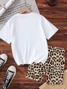 SHEIN 2pcs Tween Girls Leopard Print, Butterfly & Floral Pattern Casual Round Neck Short Sleeve T-Shirt & Leopard Print Fitted Shorts Set, Comfortable Loungewear & Outerwear For Summer