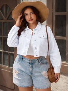 Plus Size Casual Everyday Pearl Button Decor Short Denim Jacket - White - View 5