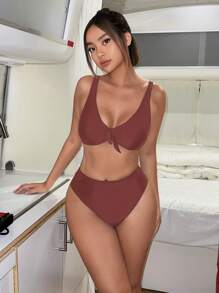 Swim Mod Vacation Beach Solid Color Tankini Swimsuit Set For Summer - Brown - View 4