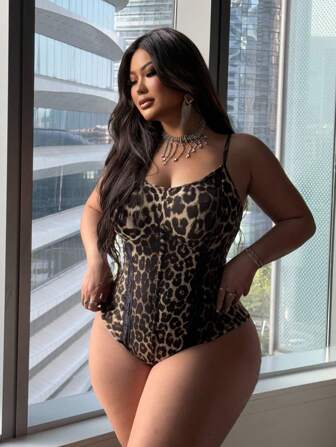 NU&NOW Leopardtryck i plusstorlek, sexig och fashionabel bodysuit, lämplig för vardagsbruk