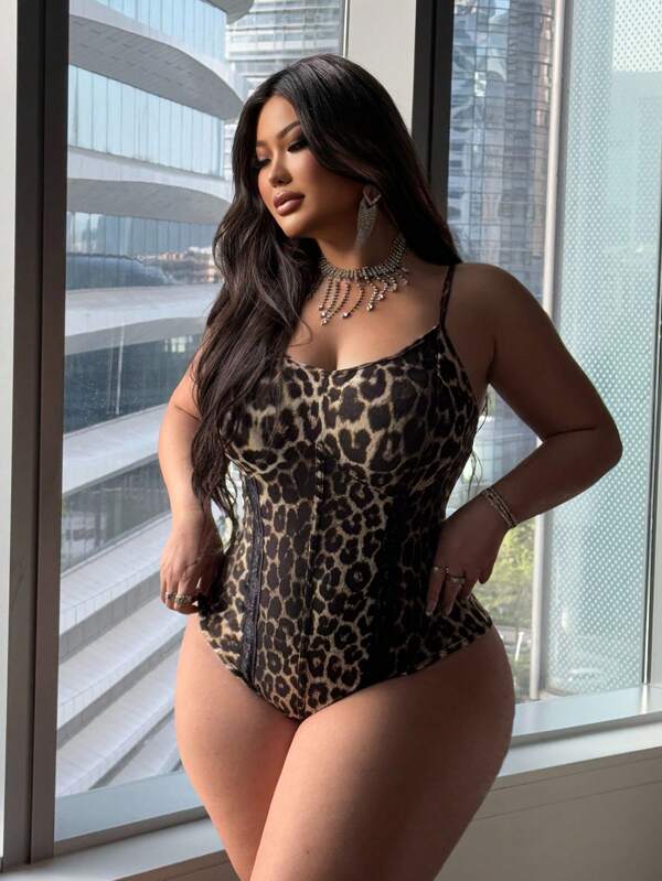 NU&NOW Plus Size Leopard Print Sexy & Fashionable Bodysuit, Suitable For Everyday Wear