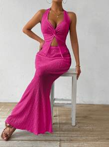 Chiquease 2pcs/Set Summer Sexy Solid Color Twist Backless Halter Top And Fish Tail Skirt - Violet Purple - View 5